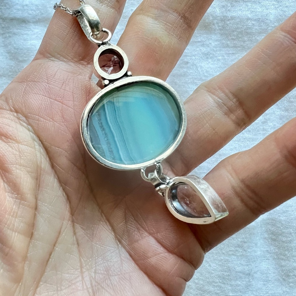 925 Feminine Beautiful! Blue Agate + Topaz Necklace Pendant - Picture 6 of 7